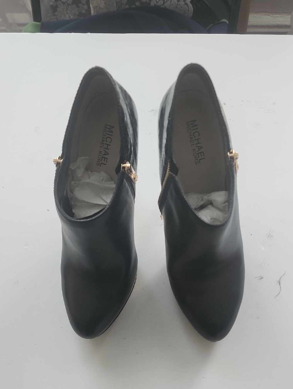 MICHAEL Michael Kors Black Leather Pointed Ankle Booties with Gold Hardware